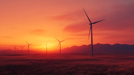 Obraz premium Wind turbines silhouetted against a vibrant sunset, showcasing sustainable energy production and a serene landscape in warm hues.
