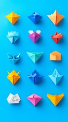 Leadership Concept with Paper Boats. Set of colorful origami ships on blue background.