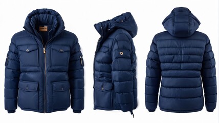 Set of navy blue front and back view Puffer Jacket on white background cutout.