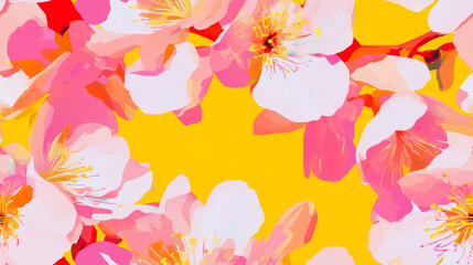 Obraz premium flowers print and plants print in red pink yellow white colored exotic seamless patchwork pattern. fashion trendy realistic blossom bloom background for fabric textile design wallpaper