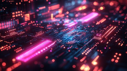Obraz premium Circuit board with red and blue lights.