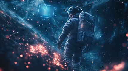 Fototapeta premium An astronaut in space, connected to a floating holographic AI system, symbolizing the future of human exploration empowered by advanced technological assistance