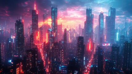 Fototapeta premium Neon city skyline at dusk.