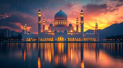 Majestic Mosque at Sunset with Water Reflection and Stars