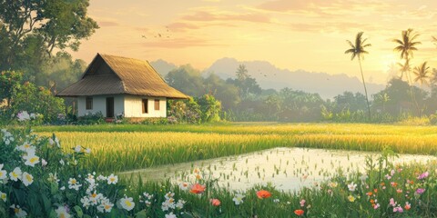 Obraz premium A small house in a field of grass with flowers.