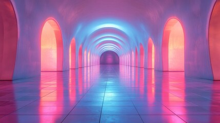 Arched pathways reflected infinitely in gleaming mirror floors, illuminated by ambient holographic light, sci-fi setting, sleek and modern design, vibrant colors