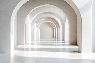 A long, empty hallway with white archways and marble flooring