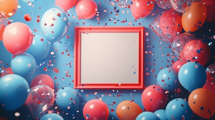 Colorful balloons and confetti framing a blank photo frame on a vibrant background.
