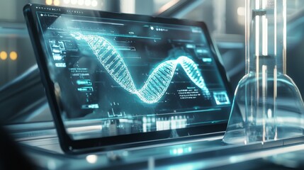 Futuristic lab showcasing a holographic DNA sequence floating above a sleek touchscreen interface
