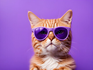Suprised cat with sunglasses on his head on a violet background and looking at free copy space for text. Sale, advertisment, discount, special offer, promotion business concept. Creative trendy banner