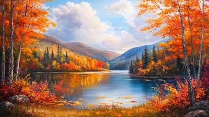 Fototapeta premium Oil painting depicting a vibrant autumn landscape featuring a colorful lake golden leaves and a picturesque forest scene enriched with fall colors