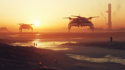 Sunset on a futuristic desert with flying vehicles.