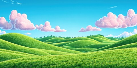 Lush green field of young cereal shoots under a vibrant blue sky adorned with stunning pink clouds, Vibrant green cereal field under a blue sky with pink clouds