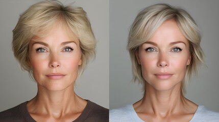 Side-by-side facelift transformation photos, emphasizing the emotional relief and physical renewal after surgery, Photorealistic, High-Resolution, Neutral Background