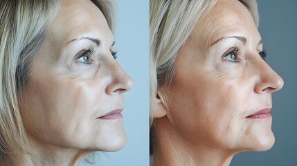 Before-and-after comparison of a woman's face post-facelift, showing rejuvenated skin and youthful features, soft lighting, clean background, Photorealistic, High Detail