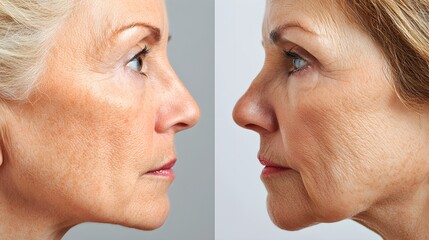 Obraz premium Before-and-after facelift transformation, capturing facial skin with signs of aging on one side, and the post-lift result with tightened, rejuvenated features on the other