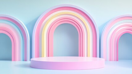 Pastel Rainbow Arches with Pink Cylinder Platform