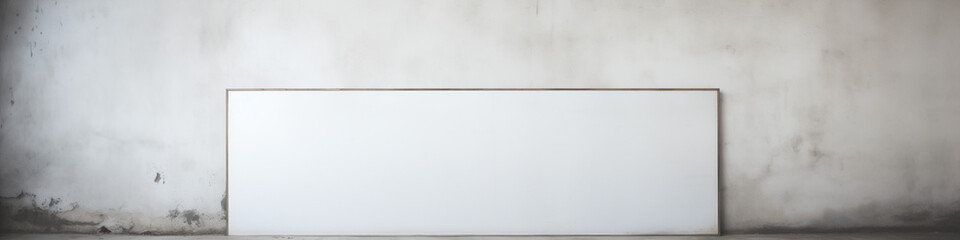 This setting features a large white canvas leaning against a rough, gray wall, highlighting the stark contrast and spaciousness of the artistic studio environment, banner