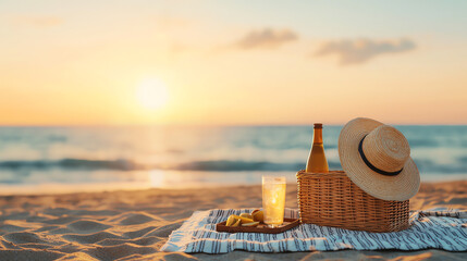 Beach picnic at sunset, relaxing atmosphere