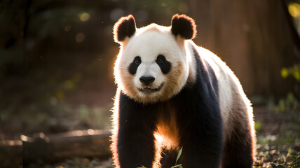 Majestic giant panda with curious expression walking in sunlit forest