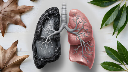 Artistic lung models with autumn leaves depicting healthy and diseased organs