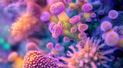 Close-up of vibrant coral polyps with intricate structures and textures