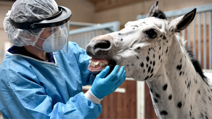 Skilled equine dentist floating spotted horse's teeth during routine dental care