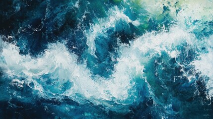 Blue ocean waves crashing white foam.