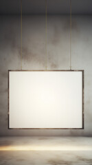 An empty vintage metal sign hangs in a minimalist room, illuminated by warm light that enhances the inviting ambiance, perfect for creative displays