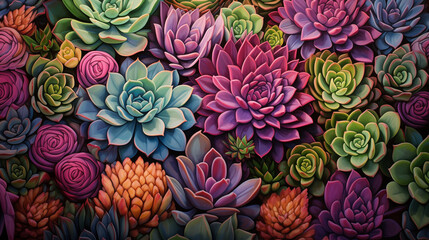 A densely packed arrangement of various succulents displays a captivating mix of colors and textures, highlighting their unique shapes and intricate details