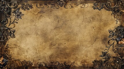 Fototapeta premium Ornate frame on aged parchment paper with an antique feel.