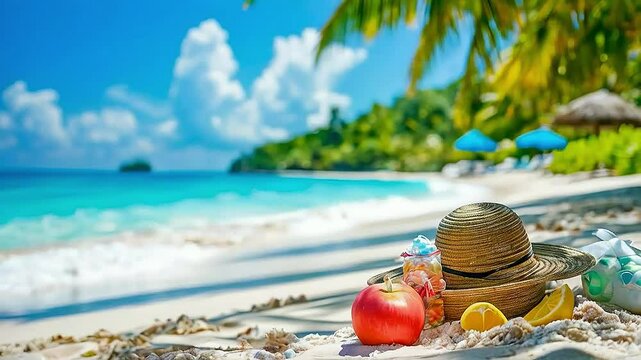 a hat ,  a beach ball , and  a bottle  on  a sandy beach 