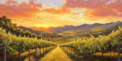 Fototapeta premium Vineyard path leading to mountain sunset.
