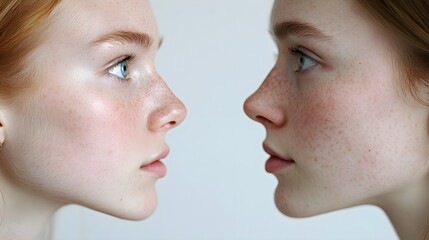 Side-by-side comparison of a patient's nose and facial profile, showcasing the refined contours and balanced proportions after rhinoplasty, Realistic, High-Definition