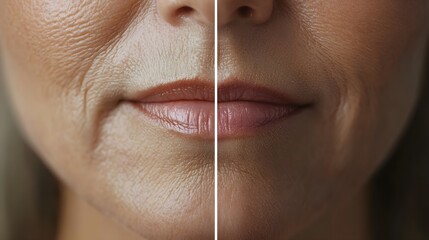 Before-and-after close-up photo of the lips, showing significant wrinkle reduction around the mouth area post-filler treatment, resulting in a smoother, youthful look