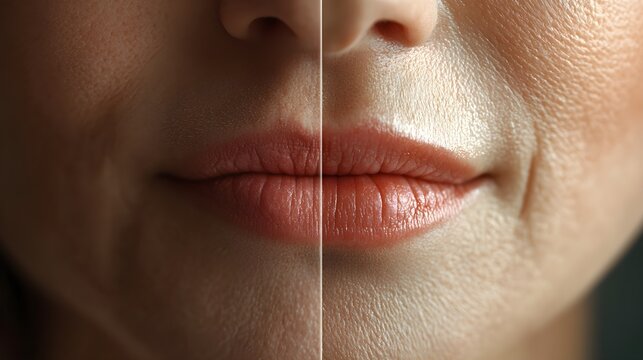 Anti-aging treatment time-lapse video, focusing on the mouth area, showing fine line reduction and skin rejuvenation, with side-by-side before-and-after results, Detailed, Bright Lighting