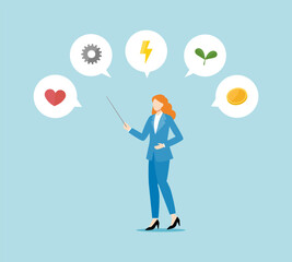 地球の環境問題について語る女性のフラットなベクターイラスト画像、ハート、産業、電力、環境、経済、マネー