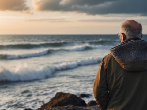 rear view Senior man looking at the sea. AI Generative