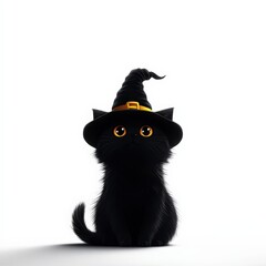 Adorable black cat wearing a witch hat, white isolated background.