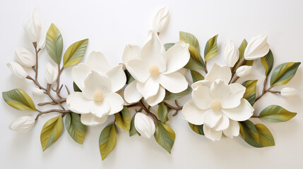 Obraz premium White magnolias bloom vibrantly, showcasing their delicate petals along with rich green leaves, creating a stunning visual arrangement