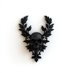 Black skull with intricate leaf design on a white isolated background.