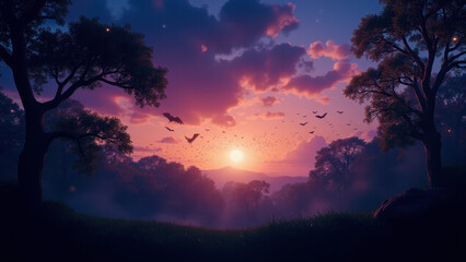 Fototapeta premium Bat colony flies at twilight