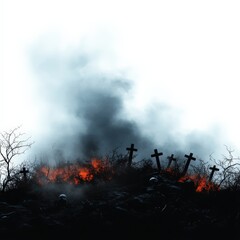 Fototapeta premium Burning landscape with crosses amidst heavy smoke and flames, white isolate background.