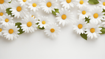Fototapeta premium A cluster of white daisies with vibrant yellow centers adorns a minimalistic background, creating a tranquil atmosphere that highlights natural beauty