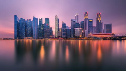 Obraz premium Sunrise over Singapore skyline, illuminating the Marina Bay Sands and the Financial District.