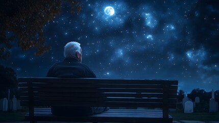 Fototapeta premium An elderly man sits on a bench, gazing at a distant cemetery under a starry night sky. The moonlight casts a serene glow, reflecting his deep contemplation of life's end