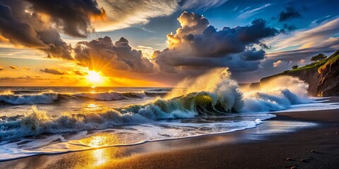 The sun's golden rays illuminate a vast expanse of ocean as waves crash upon a black sand beach, creating a mesmerizing spectacle of nature's power and beauty.