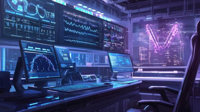 High-tech workstation with hovering genomic data projections in a clinical genomics environment