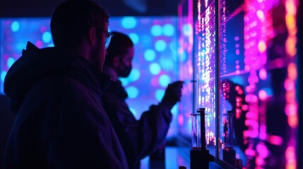 Obraz premium Scientists in a dark, neon-lit lab examining holographic projections of complex DNA sequences