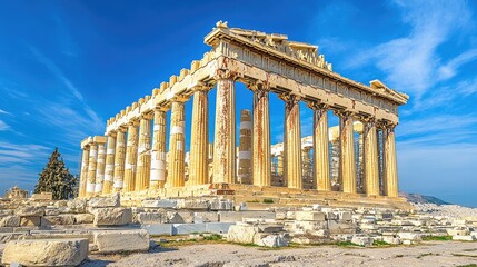 Obraz premium The Acropolis in Athens, Greece, with the Parthenon towering against a bright blue sky.